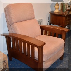 F58. Ethan Allen mission style recliner with woven upholstery. 40”h x 36”w x 36”d - $375